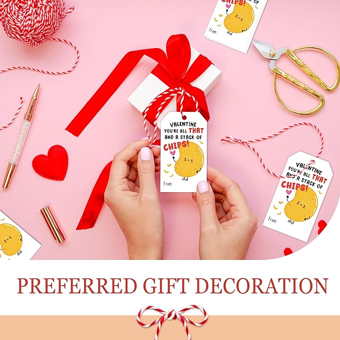 Friend-chip Valentines Tags, 50Pcs Valentines Gift Label with String, Hanging Paper Gift Label for Wrapping Treat Bag, Idea Valentine's Activity School Classroom Party Favors