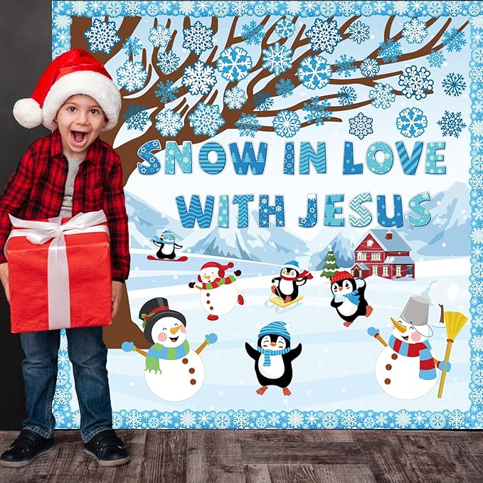 Winter Bulletin Board Decoration Set with Background Paper & Borders Cutouts for Christian Sunday School Classroom Church Decor Christmas Snow in Love with Jesus Bulletin Board Craft Home Wall(Winter)