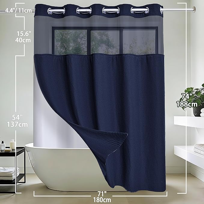Conbo Mio No Hook Waffle Weave Shower Curtain with Snap in Liner Set, Hotel Luxury Navy Blue Shower Curtains for Bathroom with See Through Top Window, Waterproof, Washable 71W x 74H