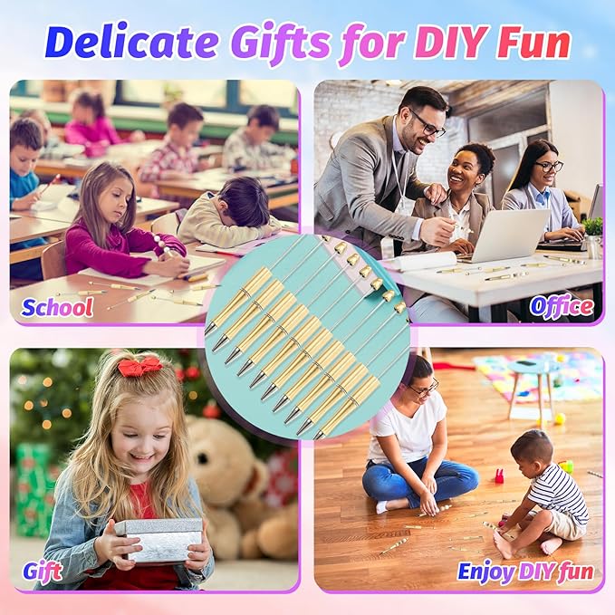 150 Pieces DIY Beadable Pen Kit – 50 Plastic Ballpoint Pens with Refills & Bags – School Supplies, Office Accessories & Decorative Items for Students & Teachers (Gold)