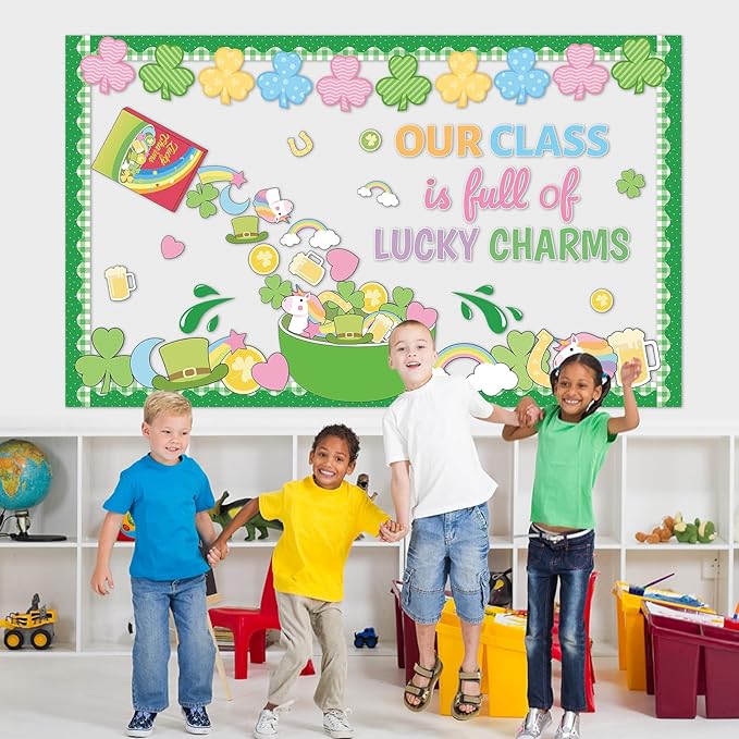 St. Patrick's Day Bulletin Board Set Our Class is Full of Charms Classroom Decoration Shamrock Rainbow Gold Coin Cutouts for Irish Holiday Party Supplies March Classroom School Chalkboard Wall Decor