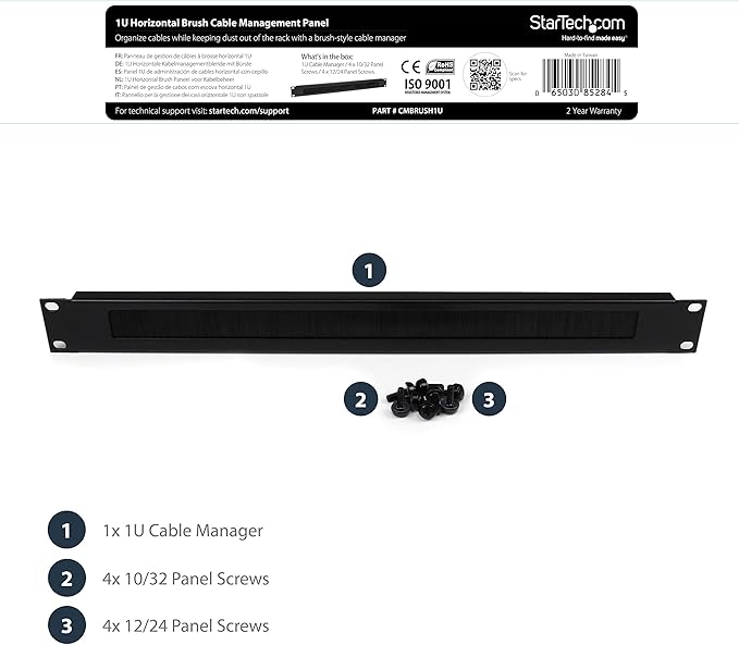 StarTech.com 1U High-density Brush Strip Cable Management Panel, Sturdy Steel Horizontal Data Centre Cable Organizer