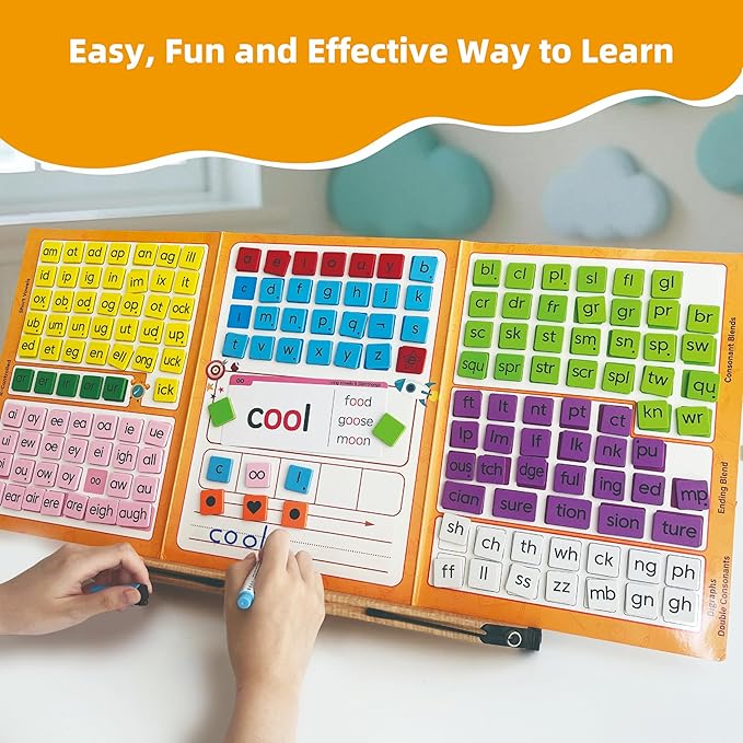 Phonics Word Building Magnetic Tiles Set, Phonics Manipulatives, Magnetic Letter Tiles, Educational Learning Kit with 239 Foam Tiles, 90 Cards, Magnetic Folder