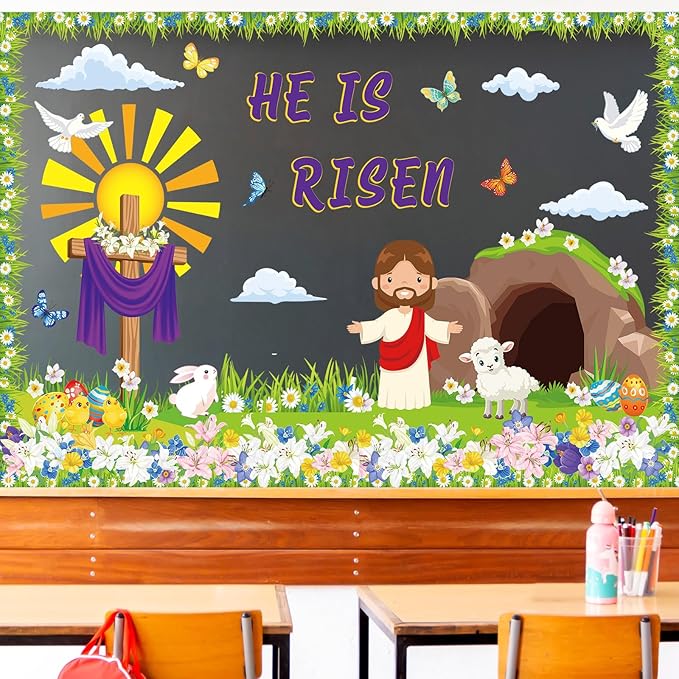 Pasimy Easter Bulletin Board Decorations Set Christian Easter Classroom Decorations Easter Bunny Egg Paper Cut Outs for School Nursery Spring Easter Birthday Party Supplies(Christian)