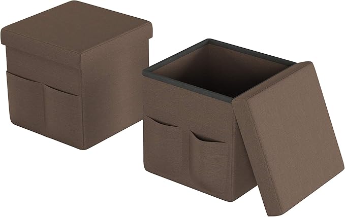 Set of 2 Ottomans with Storage Pockets - 15-Inch Folding Foot Rests or Storage Organizers for Bedroom, Living Room, or Dorm by Lavish Home (Brown)