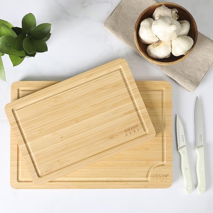 Gibson Home Forestview 2-Piece Bamboo Cutting Board Set – 15" & 12" Wooden Durable Kitchen Chopping Carving Boards with Juice Grooves, Oil Finished