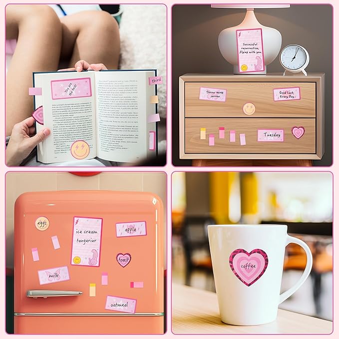 L1rabe Preppy Sticky Notes Set - Back to School 550 Sheets Y2K Smile Face Self-Stick Notes Pads Pink Divider Tabs Bundle Writing Memo Pads for Preppy Students Teacher Girls Woman Birthday Gifts