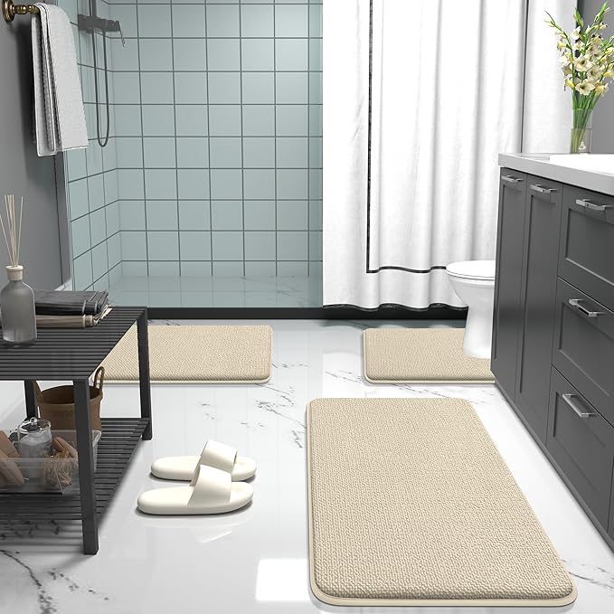 OLANLY Thick Memory Foam Bath Mat Rug 30x20, Extra Soft Absorbent Bathroom Rug, Quick Dry Bath Mats, Non-Slip, Machine Washable Carpet for Bathroom, Tub and Shower, Home Decor Accessories, Sand