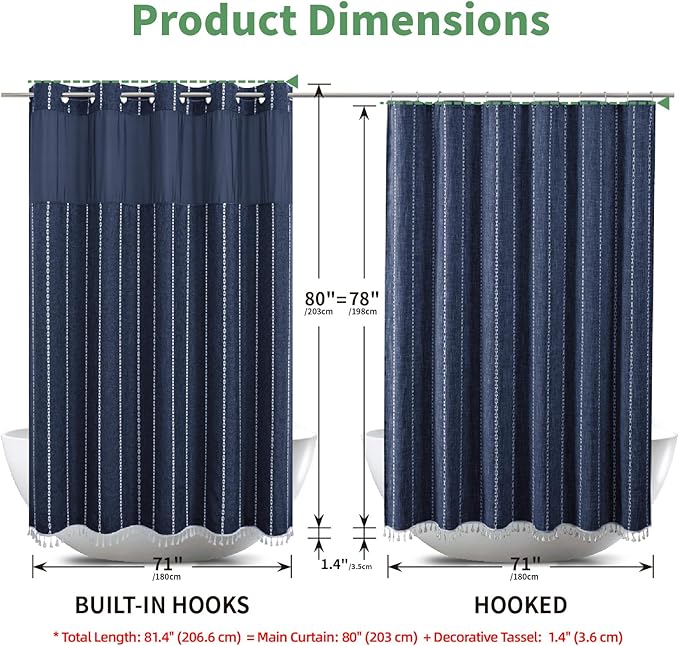 No Hook Long Shower Curtain Set with Snap-in Fabric Liner,Linen Textured Thick Striped Fabric with Tassels,Boho Farmhouse Rustic Luxury Bathroom Curtain,Water-Repellent,Navy Blue,71x80