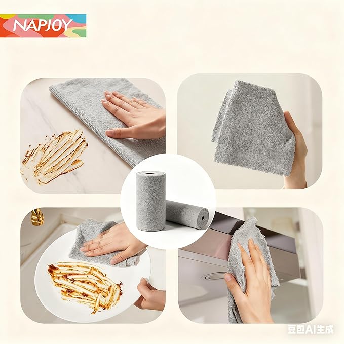 Napjoy Microfiber Cleaning Cloth Roll, 75PK Easy Tear Away Reusable Paper Towels, 12" x 12", Lint-Free and Scratch-Free with Patented Fiber Technology Microfiber Towel Roll, Grey