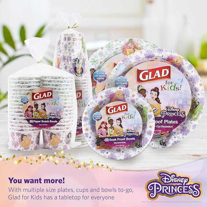 Glad Disney Princess Kids Paper Plates, Heavy Duty Soak Proof and Microwavable, Cut Resistant Disposable Snack Plates for Everyday Meals, School Lunches and Birthday Parties, 8.5 Inch, 40 Count - 2 Pk