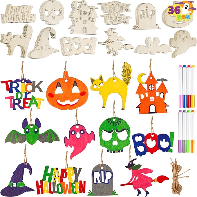 JOYIN 36 Pcs Halloween Craft Wooden Painting Kit, Halloween Party Supplies, Party Favors for Kids, Wood Blank Cutouts Ornaments, Gift Tags Decor for School Art DIY Activities Goodies Games(Age 8+)