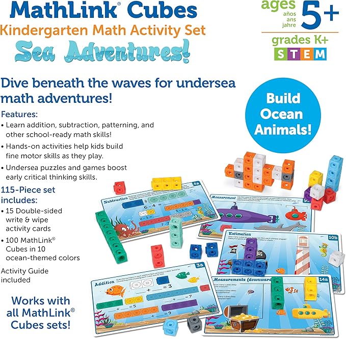 Learning Resources MathLink Cubes Kindergarten Math Activity Set Sea Adventures! - 115 Pieces, Age 5+, STEM Teaching Toys, Kindergartner Games