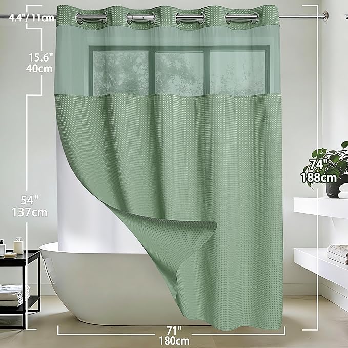 Conbo Mio No Hook Sage Green Waffle Weave Shower Curtain with Snap in Liner Set, Hotel Luxury Shower Curtains for Bathroom with See Through Top Window, Waterproof, Washable 71W x 74H
