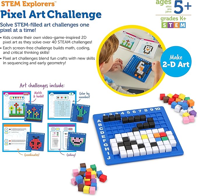Learning Resources STEM Explorers Pixel Art Challenge - Science Kits & STEM Activities for Kids, Pattern Blocks, Fine Motor Skills, Math Manipulatives, Sorting and Counting, Gifts for Boys and Girls