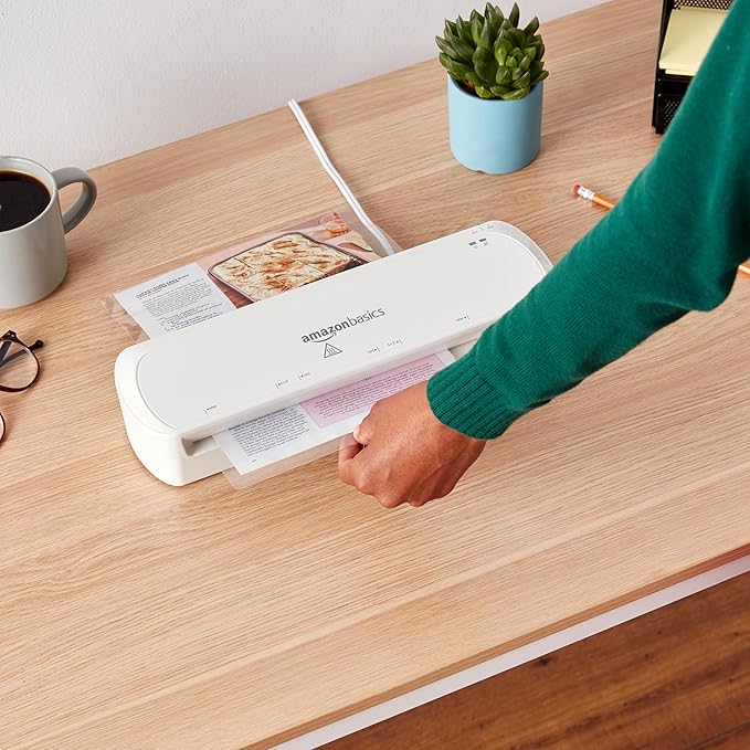 Amazon Basics 9-Inch Thermal Laminator Machine with Quick Warm-Up, 2 Heat Settings, Jam Release for Documents and Photos, White