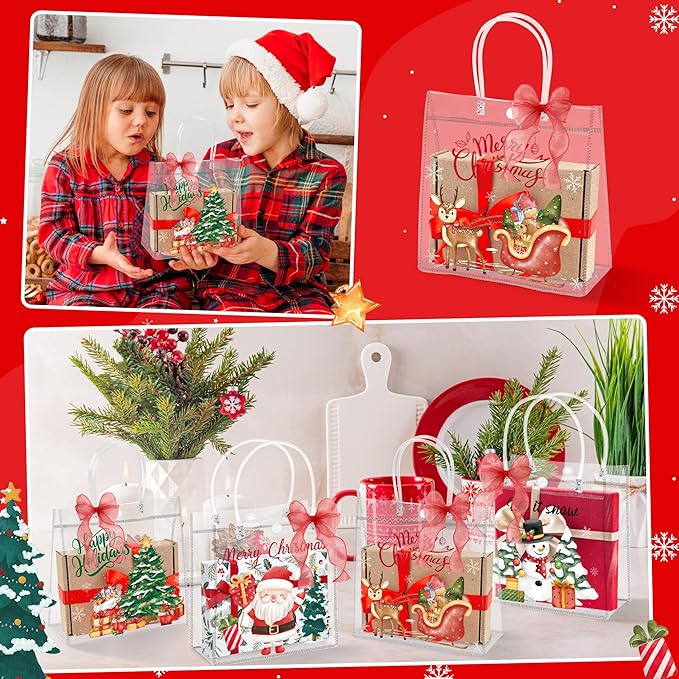 H1vojoxo Merry Christmas Gift Bags - 24PCS Watercolor Christmas Clear PVC Gift Bags with Handle and Ribbon Xmas Party Giftss Bag Reusable Xmas Goodie Bag PVC Gifts Wrap Totes for Kids Family Friends