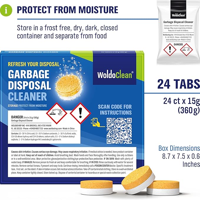 WoldoClean Garbage Disposal Cleaner Tablets - 24 Pack, Removes Grease & Odors, Fresh Citrus Foaming Action for Powerful & Deep Kitchen Cleaning
