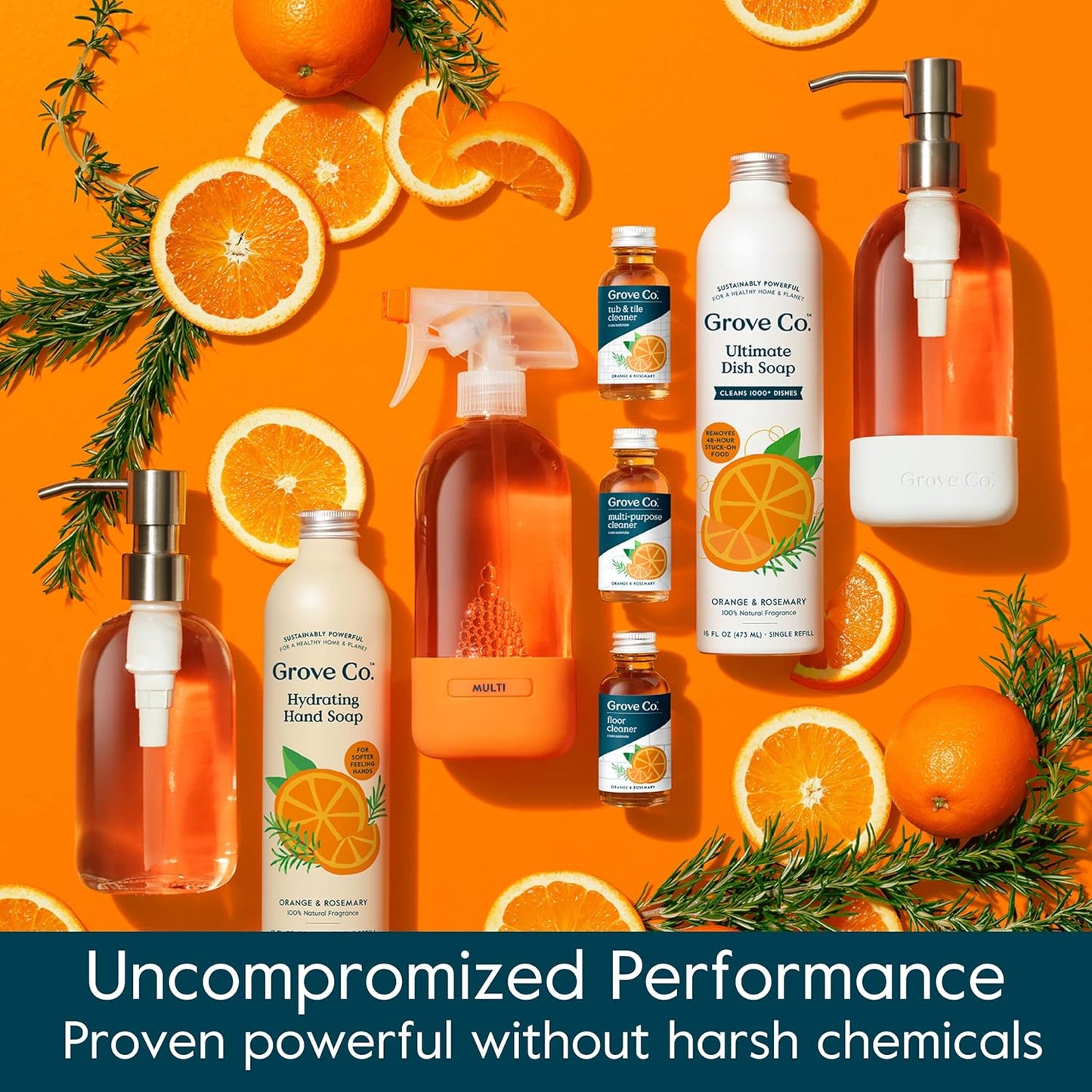 Grove Co. Floor Cleaner Refill Concentrate (6 x 1 Fl Oz) Plant-based Household Cleaning Supplies, Ammonia & Chlorine Free, No Plastic Waste, 100% Natural Orange & Rosemary Scent, 3 x 2 Pack Refills