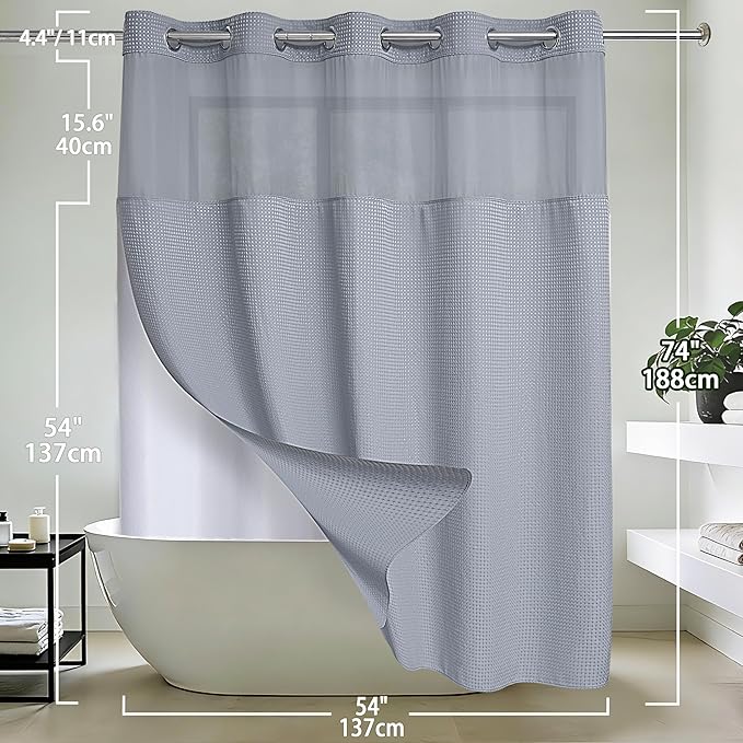 Conbo Mio Stall No Hook Waffle Weave Shower Curtain with Snap in Liner Set, Hotel Luxury Grey Shower Curtains for Bathroom with See Through Top Window, Waterproof, Washable 54W x 74H