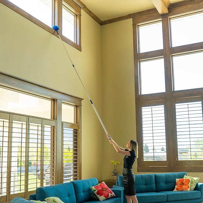 Cobweb Duster, Extendable Reach 20 feet, Ceiling Fan Duster | 3-Stage Aluminum Telescoping Pole | Medium Stiff Bristles | Long Handle Webster Duster for Cleaning | U.S Duster Co.