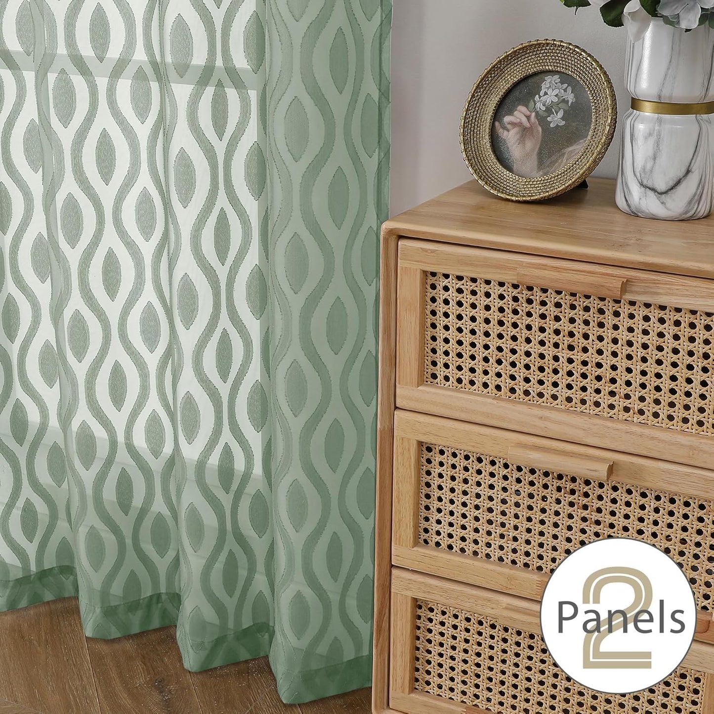 Aiyufeng Green Sheer Curtains 72 Inches Long 2 Panels Set, Lightweight Clip Jacquard Textured Sheer Privacy Curtains for Bedroom Living Room, Classic Wavy Line Design Door Curtains, 40" Wx72 L Inches
