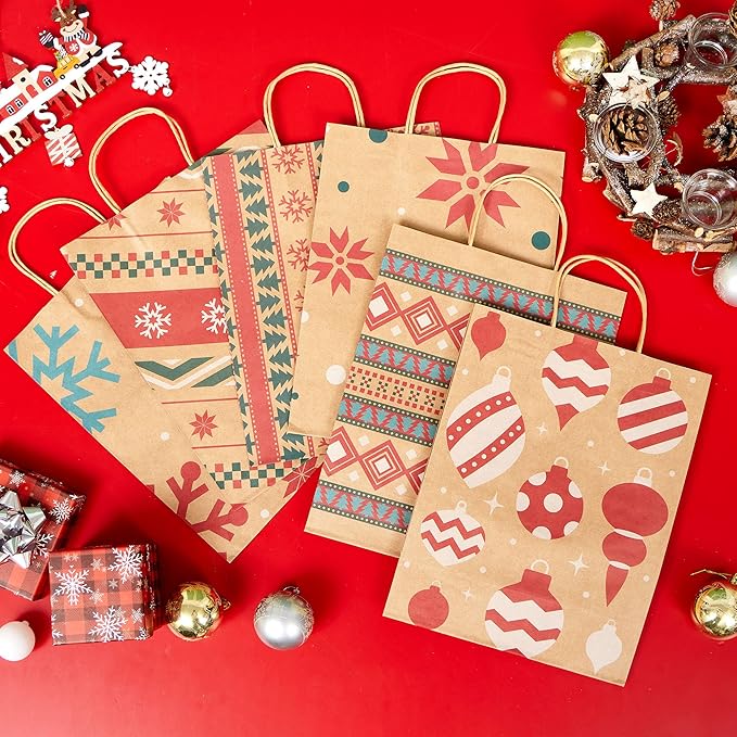 JOYIN 24 PCS Christmas Kraft Gift Bags Xmas Holiday Paper Goody Wrap Shopping Bags with Handles for Holiday Presents, Giant Gifts Decorations, Classrooms and Party Favors (10 x 13 x 5)