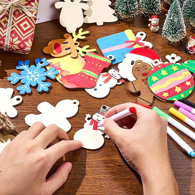JOYIN 100 Pcs Christmas Wooden Ornaments Crafts to Paint, Unfinished Wood Painting Kits with 8 Watercolor Pens for Kids, Make Your Own DIY Hanging Ornament for Xmas Tree Decor Party Supplies (Age 8+)