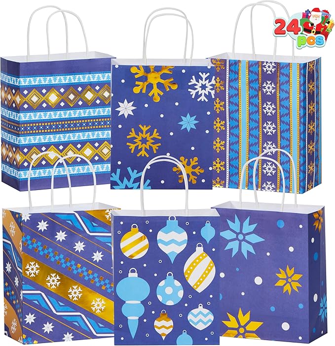 JOYIN 24 PCS Christmas Kraft Gift Bags Xmas Holiday Present Wrapping Paper Goody Bags with Handles for Classrooms and Wedding Decor, Party Favors and Decor Supplies (Blue, 9 x 7.3 x 3.3)