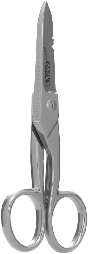 Klein Tools 2100-7 Electrician Scissors, Made in USA, Nickel-Plated Scissors with Stripping Notches, Made in USA, 5.25-Inch Snips for Datacom, Telecom, Electrical and Heavy-Duty Use