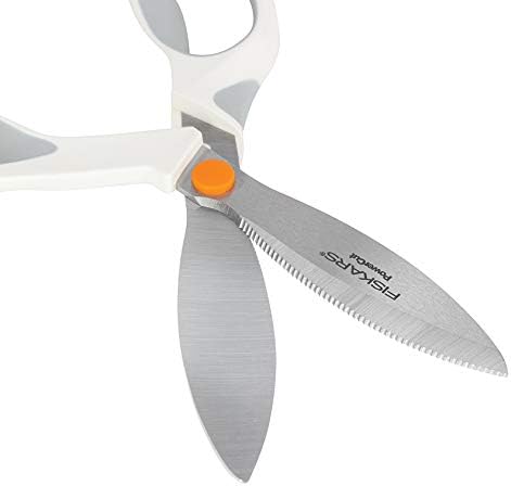 Fiskars SoftGrip PowerCut Fabric and Mixed Media Scissors - 8" Heavy Duty Scissors for Fabric, Cardboard, Cork, Decorative Metal and Foam Cutting with Serrated Blade Edge - White