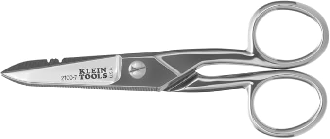 Klein Tools 2100-7 Electrician Scissors, Made in USA, Nickel-Plated Scissors with Stripping Notches, Made in USA, 5.25-Inch Snips for Datacom, Telecom, Electrical and Heavy-Duty Use