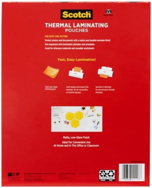 Scotch Matte Thermal Laminating Pouches,Ultra Clear with Matte Finish,Letter Size 8.9 in x 11.4 in,(Pack of 250)