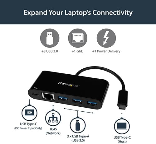 StarTech.com USB C to Ethernet Adapter - 3 Port - with Power Delivery (USB PD) - Power Pass Through Charging - USB C Adapter (US1GC303APD) Black