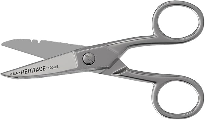 Klein Tools 100CS All-Purpose Precision Scissors, Made in USA, 5.25-Inch Nickel-Plated Snips, Blunt Tip, and Wire Stripping Notches, Multi-Purpose for Professional and Home Usage