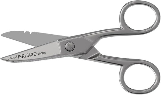 Klein Tools 100CS All-Purpose Precision Scissors, Made in USA, 5.25-Inch Nickel-Plated Snips, Blunt Tip, and Wire Stripping Notches, Multi-Purpose for Professional and Home Usage
