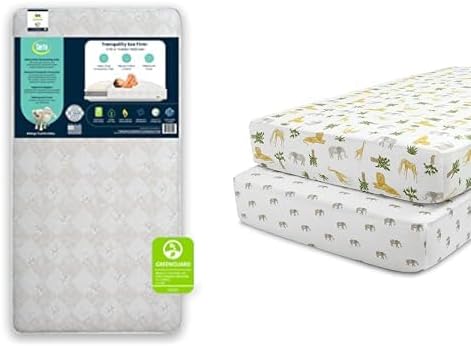 Serta Tranquility Eco Firm Innerspring Crib and Toddler Mattress + Delta Children Fitted Crib Sheets for Girls and Boys (Pack of 2), Safari Friends (Bundle)