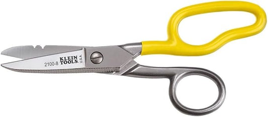 Klein Tools 2100-8 Free-Fall Electrician Snips, Made in USA, 6.25-Inch Stainless Steel Scissors with Stripping Notches, Fully Serrated Blade, Extended Handle, Electrical and Heavy-Duty Applications