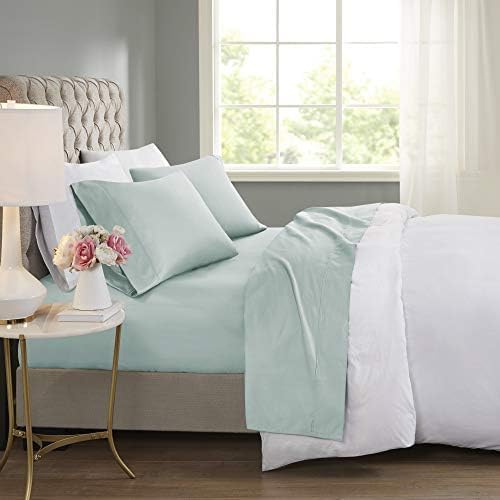 Madison Park 600 TC Cooling Cotton Blend Solid Sheet 16 Inch Deep Pocket, All Season, Soft Bedding-Set, Matching Pillow Case, King, Seafoam 4 Piece.