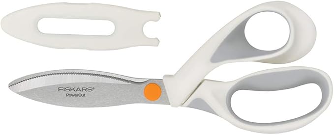 Fiskars SoftGrip PowerCut Fabric and Mixed Media Scissors - 8" Heavy Duty Scissors for Fabric, Cardboard, Cork, Decorative Metal and Foam Cutting with Serrated Blade Edge - White