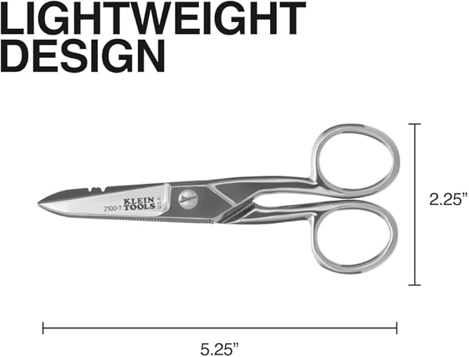 Klein Tools 2100-7 Electrician Scissors, Made in USA, Nickel-Plated Scissors with Stripping Notches, Made in USA, 5.25-Inch Snips for Datacom, Telecom, Electrical and Heavy-Duty Use