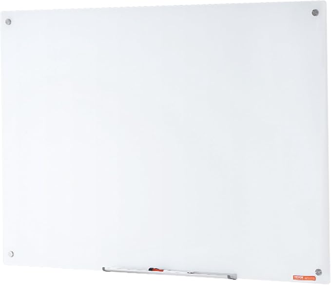 VEVOR Magnetic Glass Writing Board, Erasable 48"x32", Frameless Wall Hanging White Glassboard, Includes Marker Holder, an Eraser, and 2 Writing Pens, White