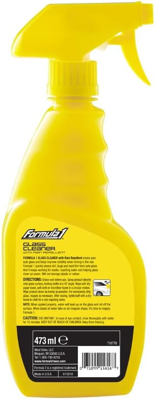 Formula 1 Glass Cleaner with Rain Repellent - Windshield Cleaning Spray for Streak-Free Finish, Improve Visability in Rain, Snow, or Sleet, 16 oz.