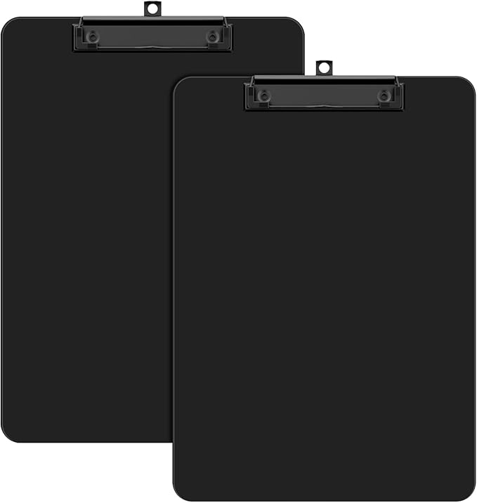 Plastic Clipboard Set of 2, 12.5 x 9'' Letter Size for Classroom, Students, Teacher, Nurse, A4 Black 8.5 x 11'' Clip Board with Low Profile Black Clip, Office & School Supplies