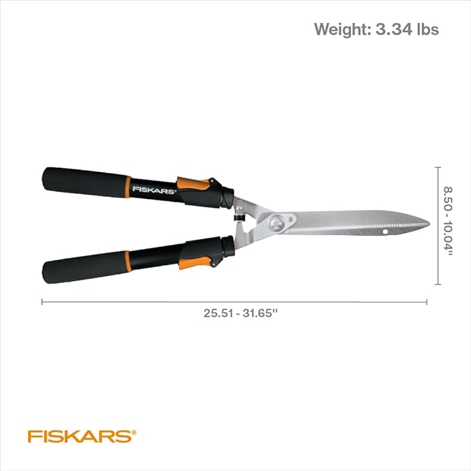 Fiskars Power-Lever Extendable Hedge Shears, Self-Sharpening Serrated Steel Blades for Clean Cuts, Handles Adjust 25"-33" for High Reach, Multiplies Leverage for 2x Power, 10" Blades, Orange/Black