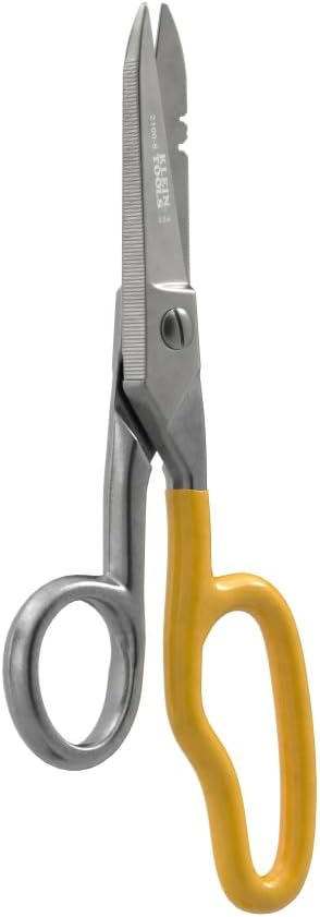 Klein Tools 2100-8 Free-Fall Electrician Snips, Made in USA, 6.25-Inch Stainless Steel Scissors with Stripping Notches, Fully Serrated Blade, Extended Handle, Electrical and Heavy-Duty Applications