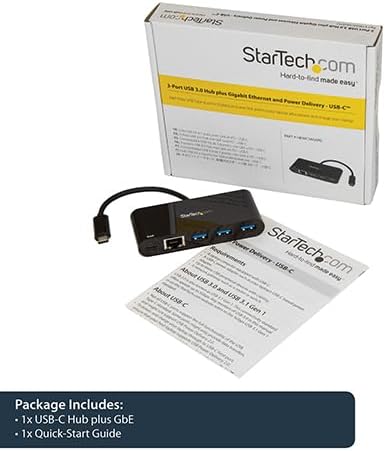 StarTech.com USB C to Ethernet Adapter - 3 Port - with Power Delivery (USB PD) - Power Pass Through Charging - USB C Adapter (US1GC303APD) Black