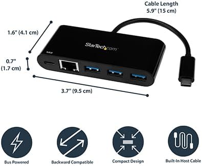 StarTech.com USB C to Ethernet Adapter - 3 Port - with Power Delivery (USB PD) - Power Pass Through Charging - USB C Adapter (US1GC303APD) Black