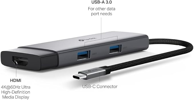 TP-Link USB C Hub 5-in-1 Multiport Adapter (UH5020C) | 4K@60Hz HDMI, 100W Power Delivery, 1×USB-C, 2× USB-A Data Ports | 5Gbps High-Speed Dongle | Compatible w/MacBook and More | Plug and Play