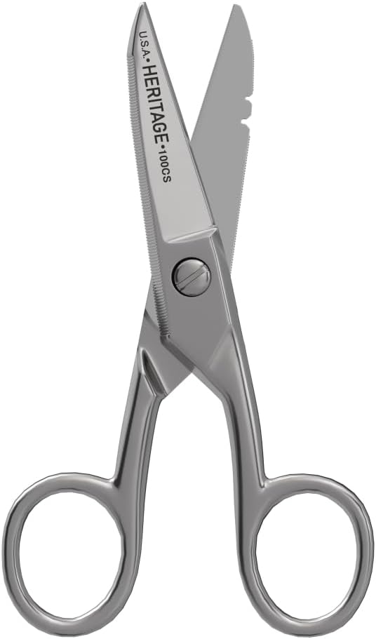 Klein Tools 100CS All-Purpose Precision Scissors, Made in USA, 5.25-Inch Nickel-Plated Snips, Blunt Tip, and Wire Stripping Notches, Multi-Purpose for Professional and Home Usage